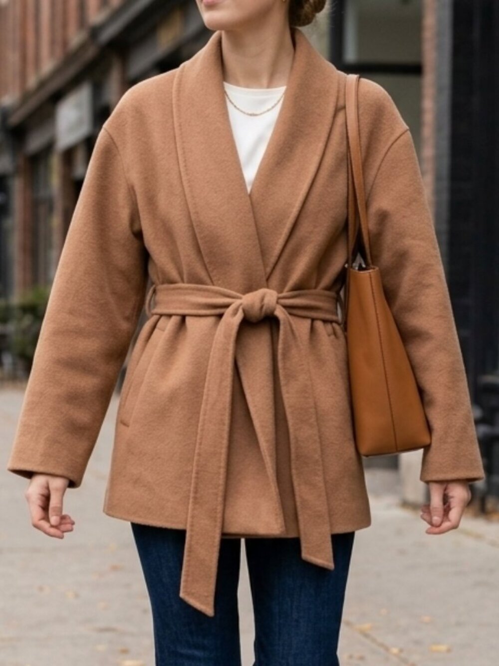 Dynamite Camel Short Belted Unstructured Shawl Wool Wrap Coat Size Lrg